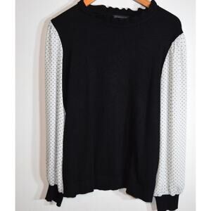 Adrianna Papell Black Knit Sweater Contrast Print Sleeves Long Sleeve Women L